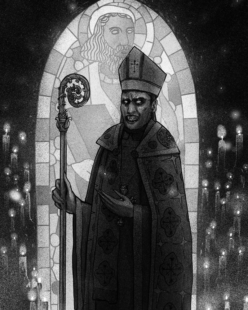 Bishop with a crosier standing before a stained-glass window among candles