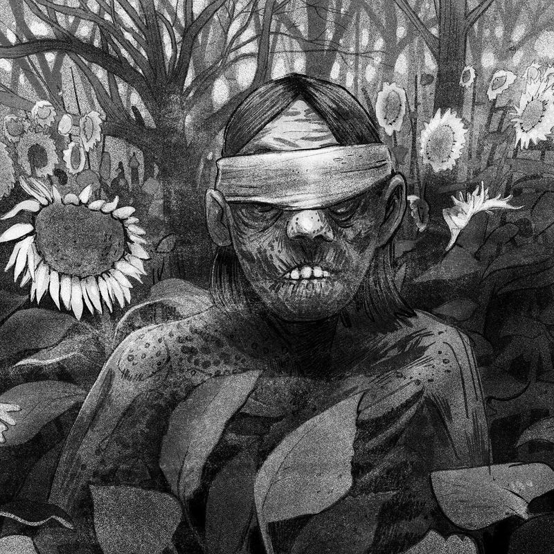 Blindfolded figure among sunflowers