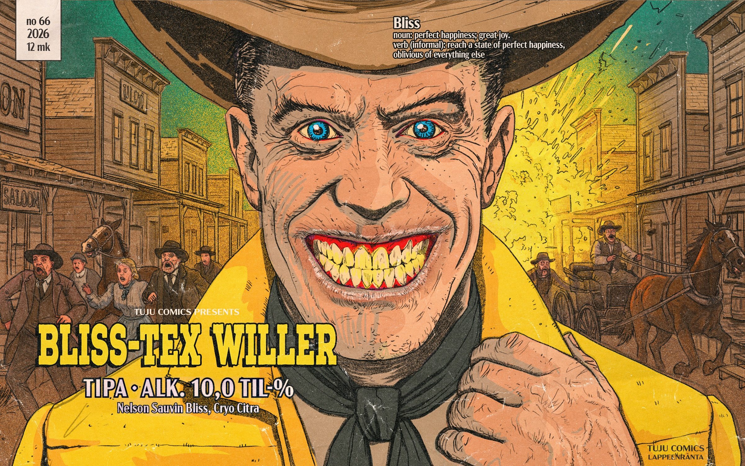 Bliss-Tex Willer label: a grinning cowboy in a yellow coat in a frontier town street