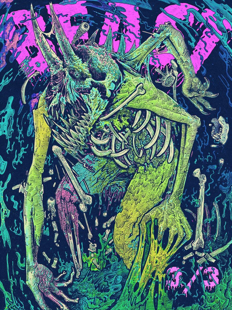 Skeletal green creature amid bones and acid colours