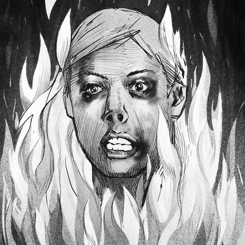 Screaming woman with hair turning to flame