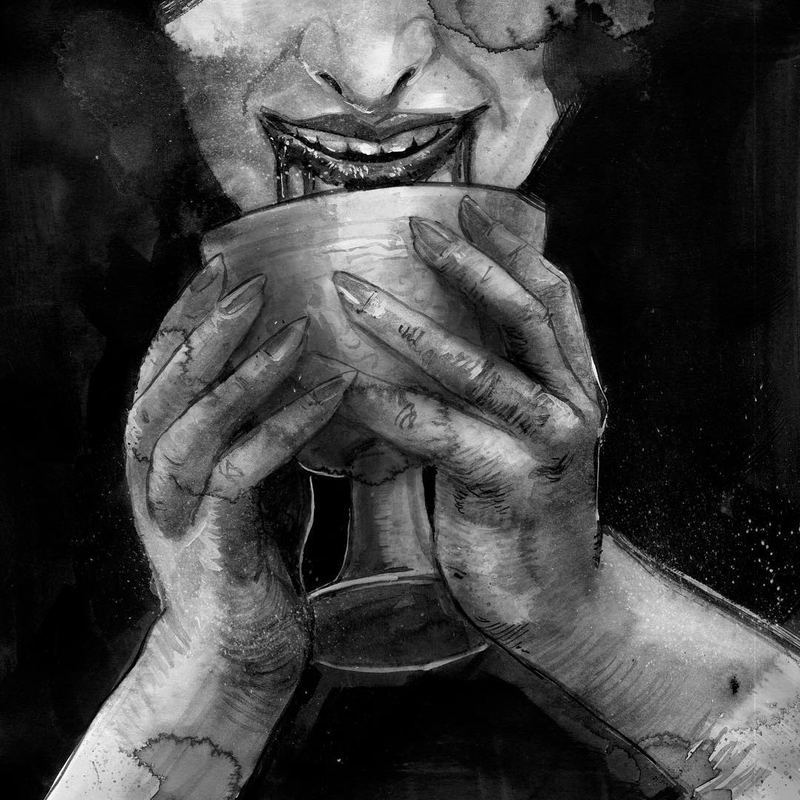 Hands raising a chalice to a grinning mouth