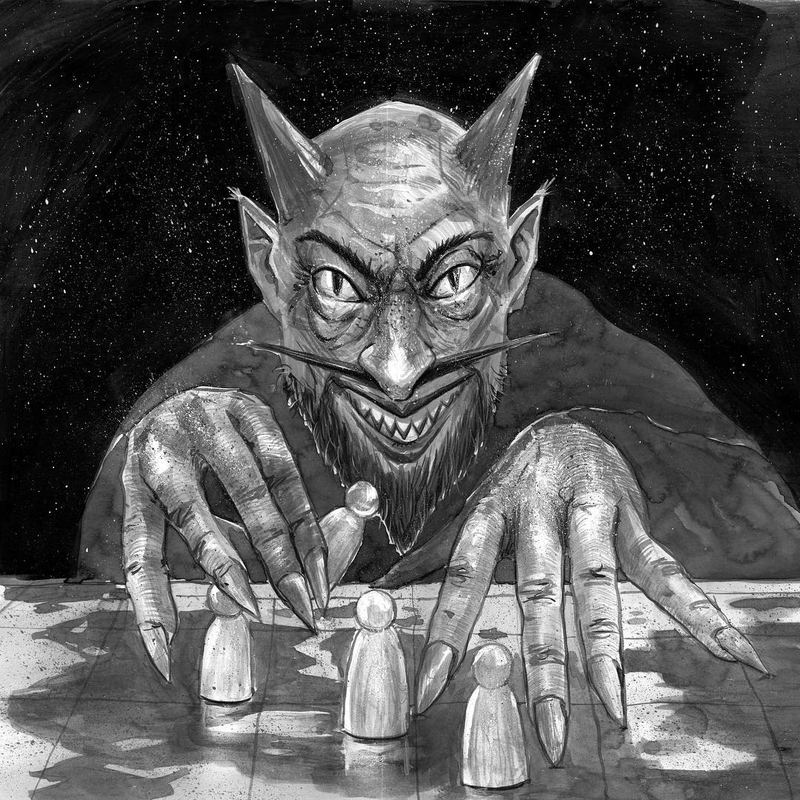 Grinning devil moving pieces on a board