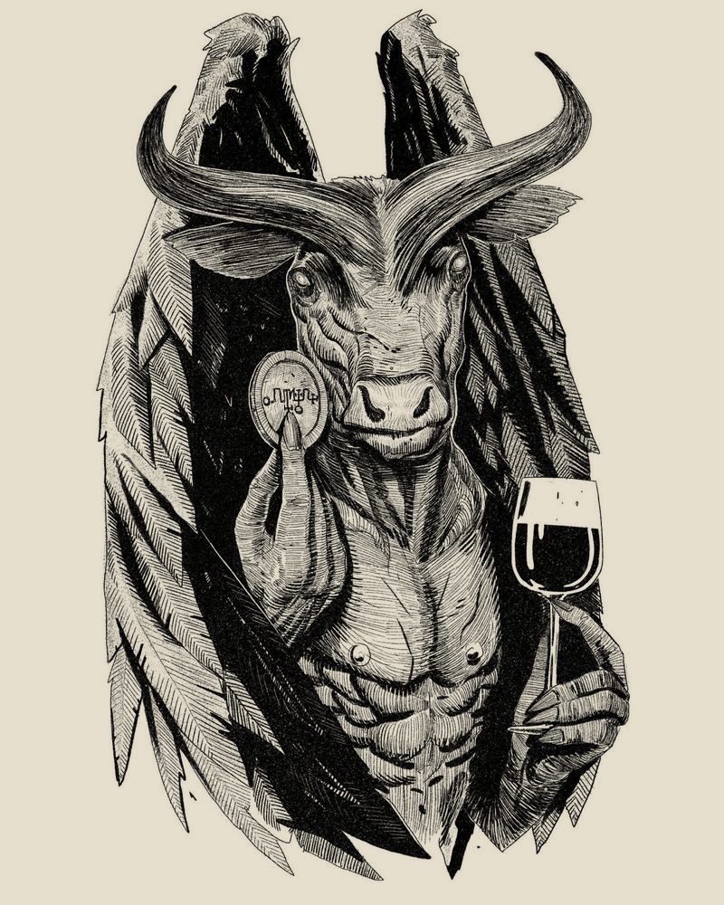 Winged bull-headed demon holding a goblet of wine