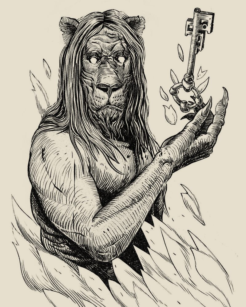Lion-headed figure holding a key