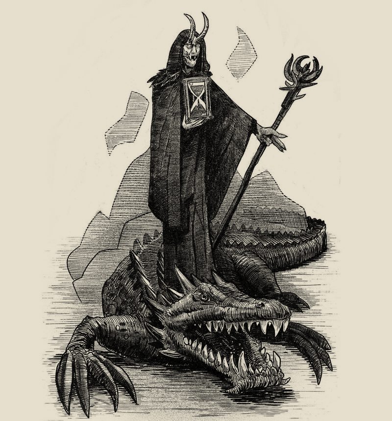 Horned sorcerer with a staff upon a crocodile