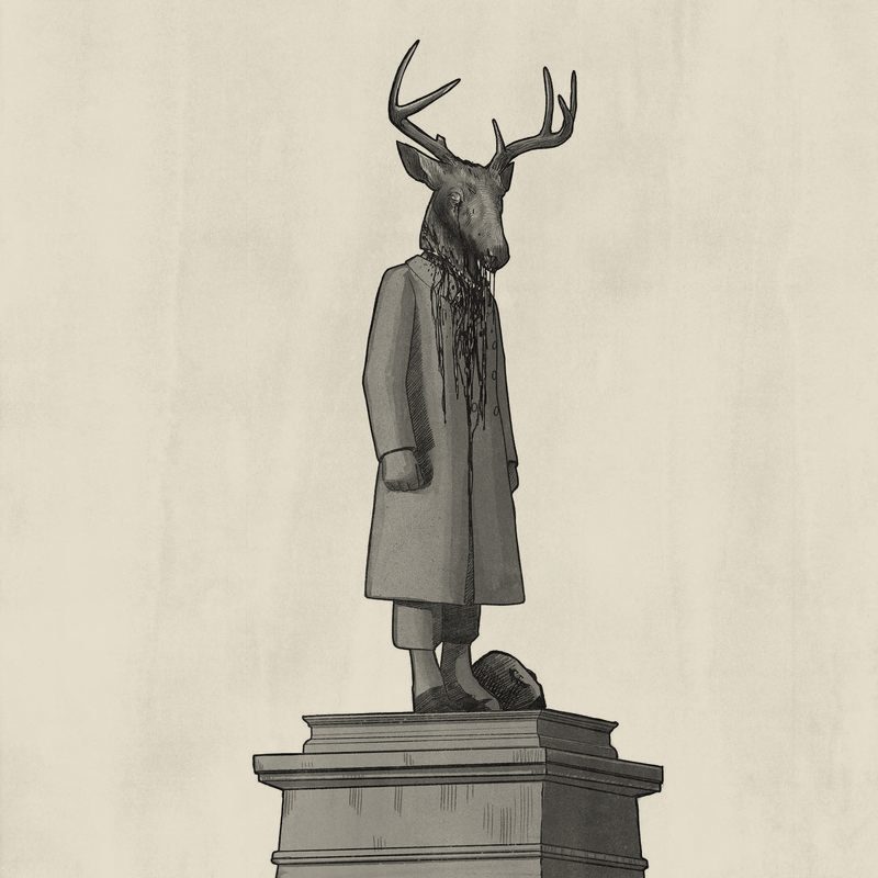 Statue of a stag-headed man on a plinth