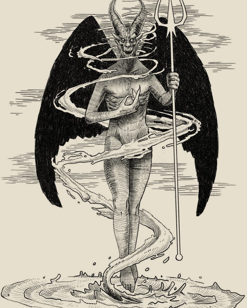 Winged horned goddess rising from water with a trident