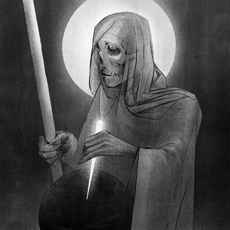 Skeletal hooded figure with a staff before a halo