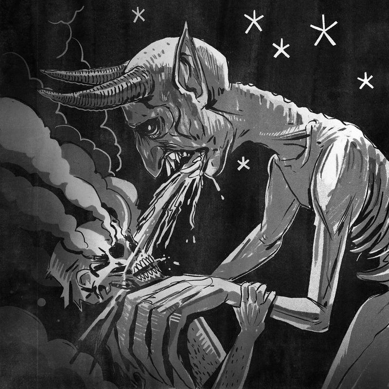 Horned creature devouring under falling stars