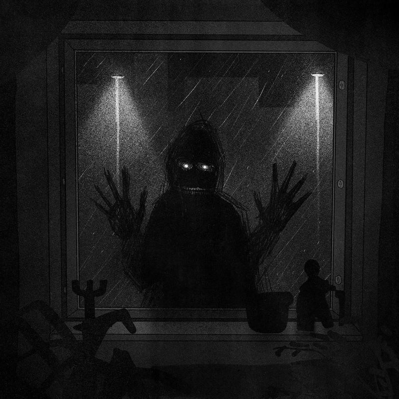Shadow with glowing eyes framed in a doorway