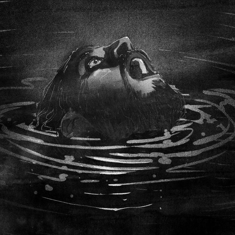 Face sinking beneath dark rippling water