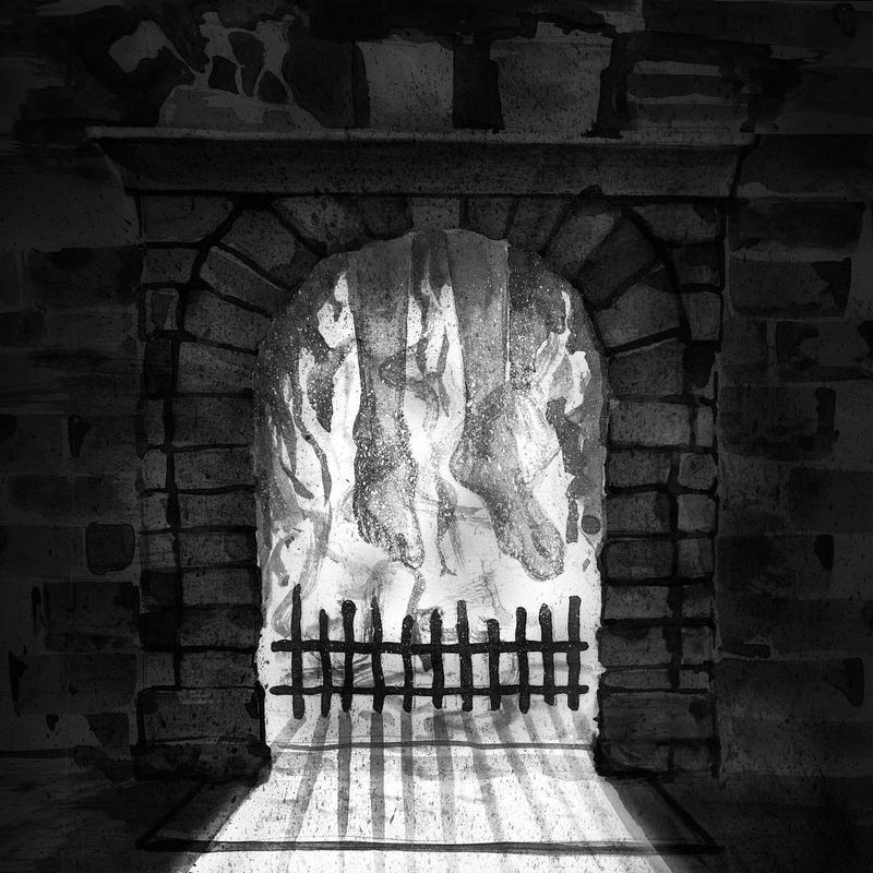 Stone gate with fire raging beyond the bars