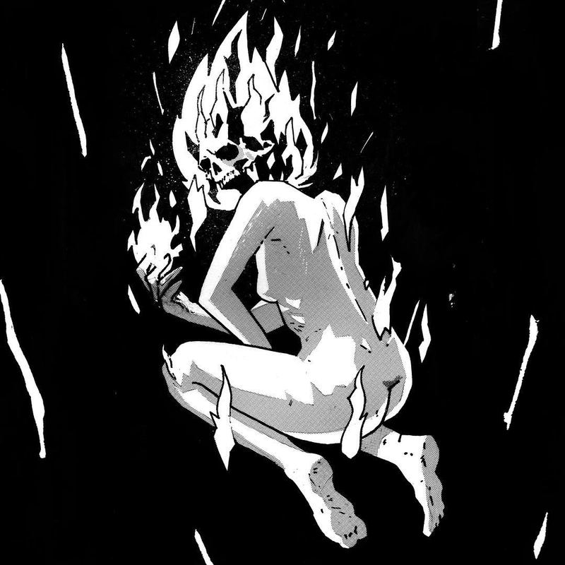 Woman curled within white flames