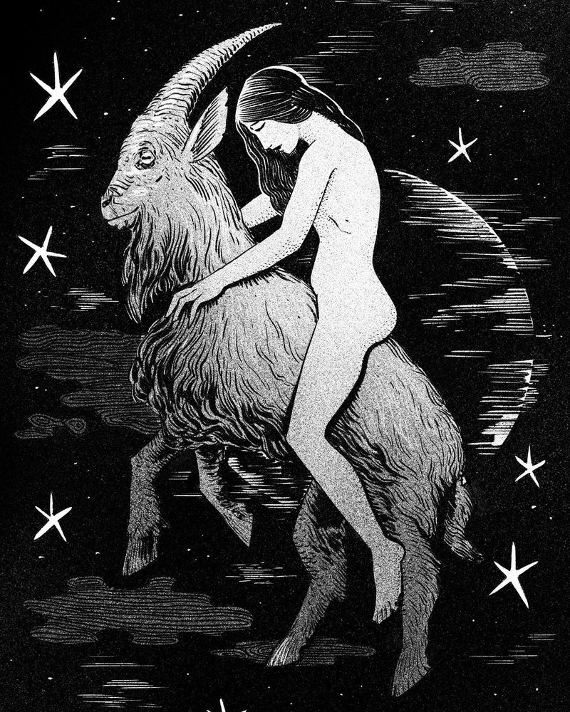 Woman riding a great goat beneath a crescent moon and stars