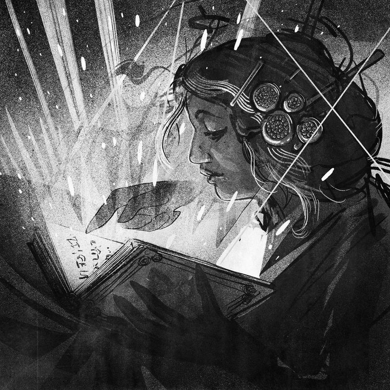 Woman lit by beams rising from an open book