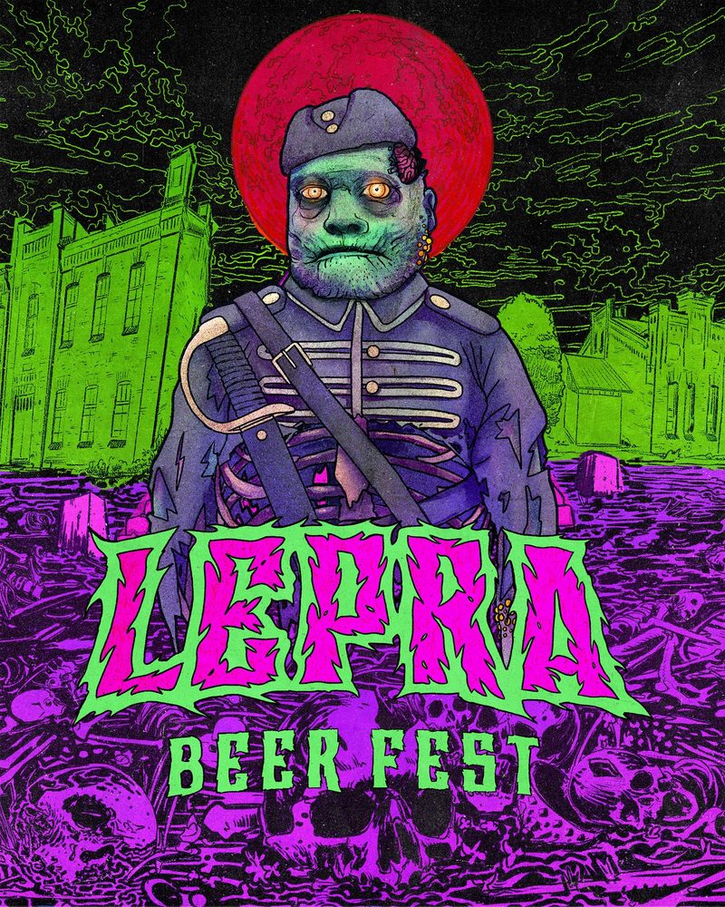 Lepra Beer Fest poster: green-faced soldier before a red sun over a field of purple bones
