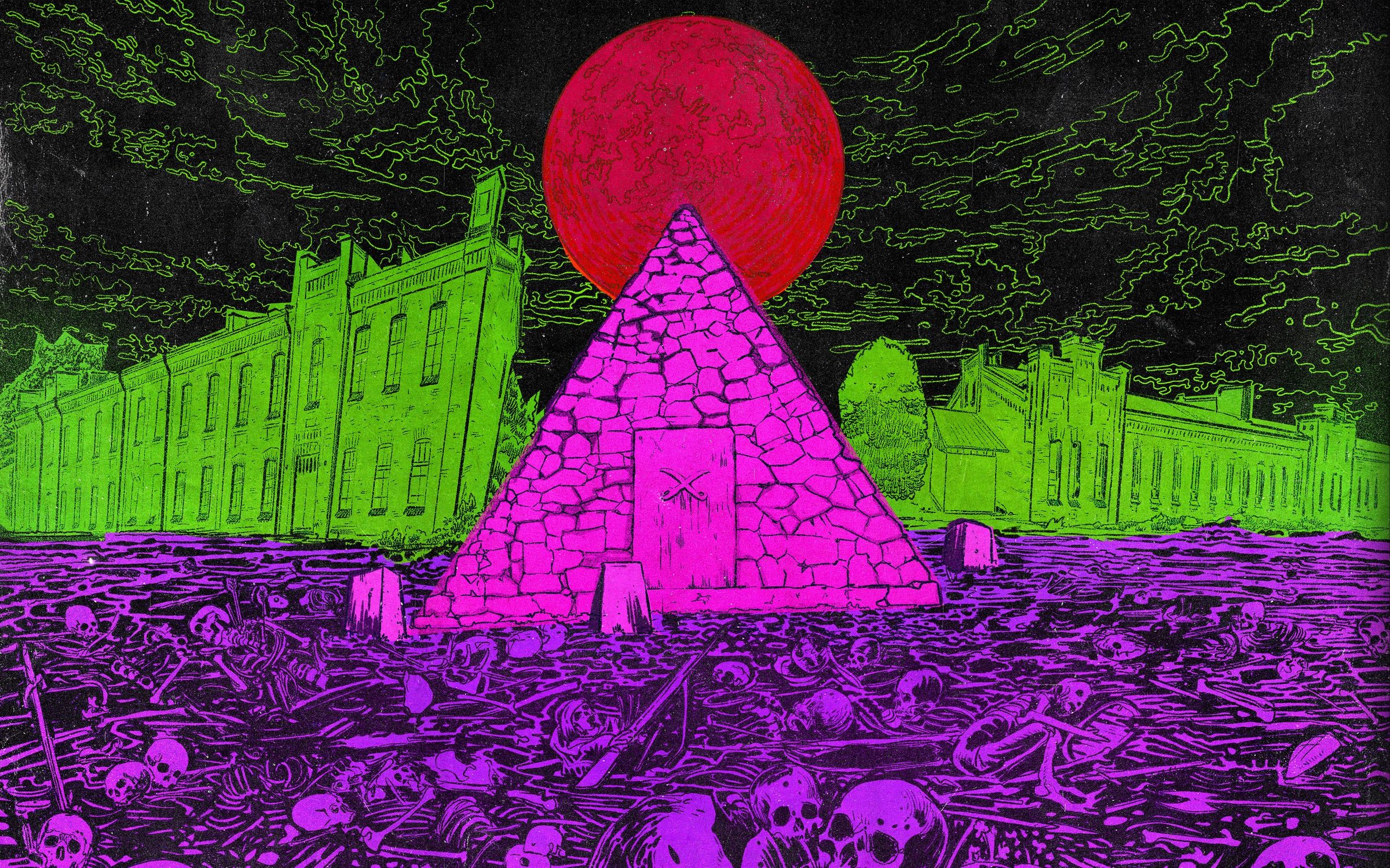Magenta pyramid under a red sun between green ruins, the ground made of purple bones