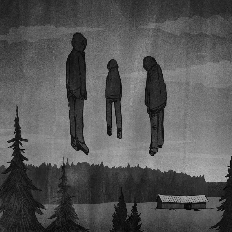 Three dark figures floating above a lake