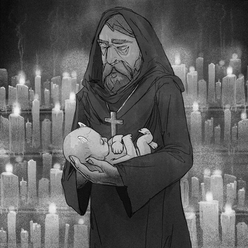Hooded monk cradling a skull among hundreds of candles