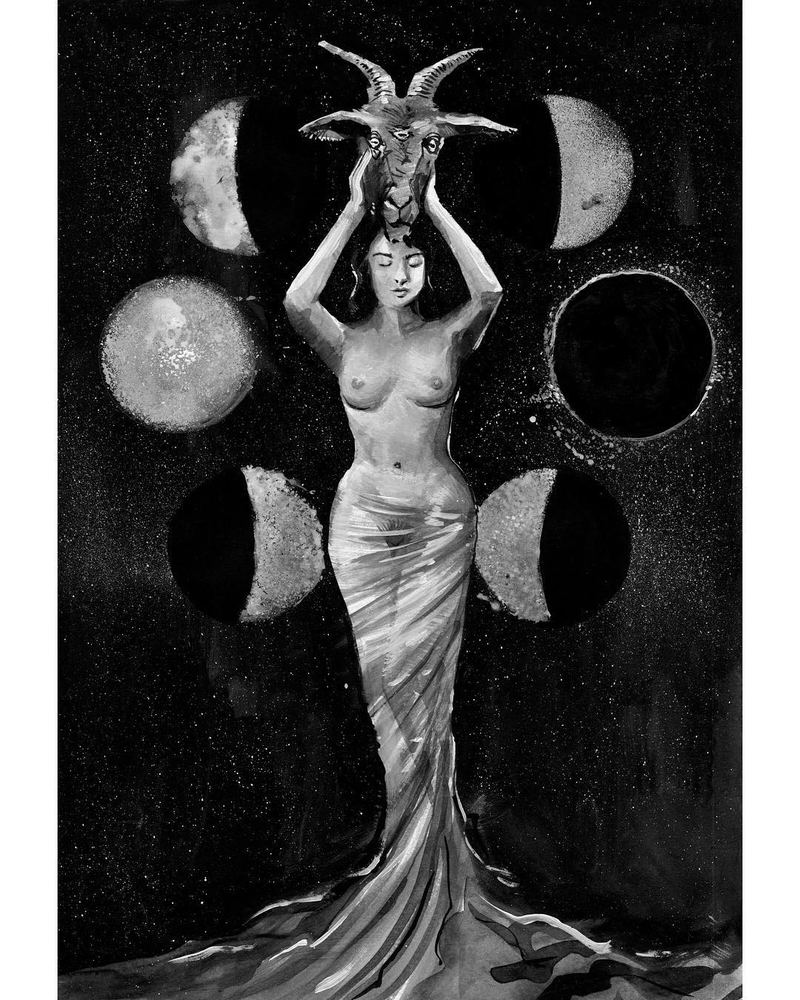 Horned goddess holding a skull among the phases of the moon