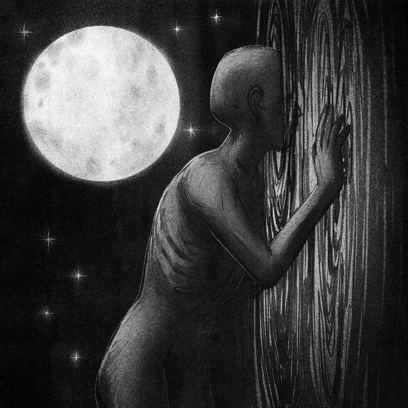 Gaunt figure pressed against a tree under a full moon