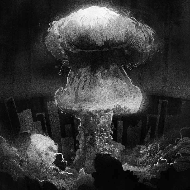 Mushroom cloud rising over a ruined city