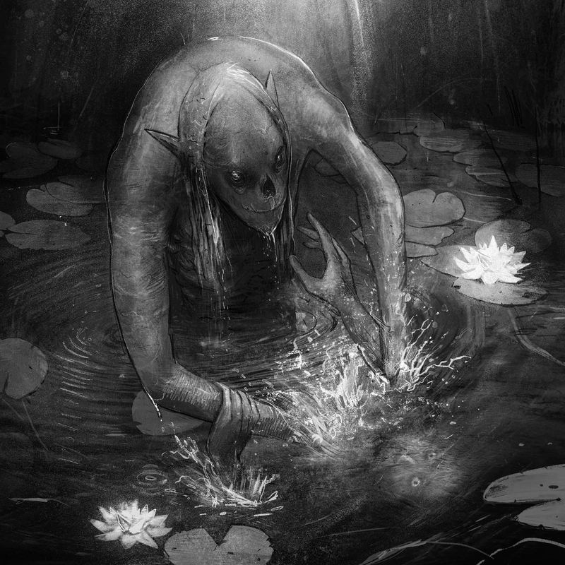 Crouching figure conjuring light among water lilies