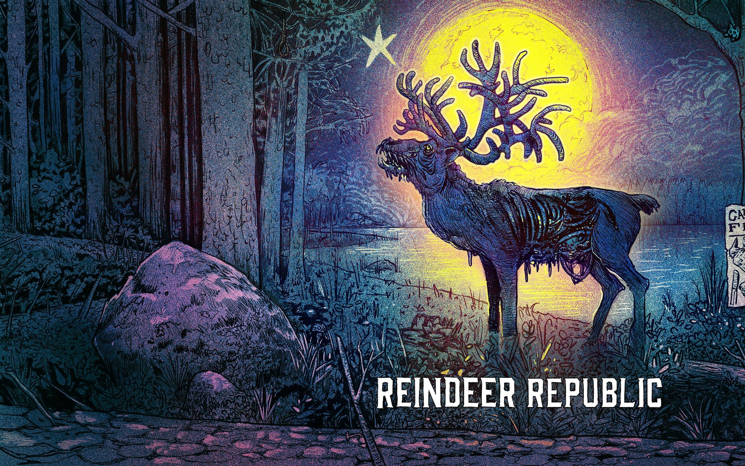 Reindeer Republic: a rotting reindeer bellows before a yellow moon in a blue forest