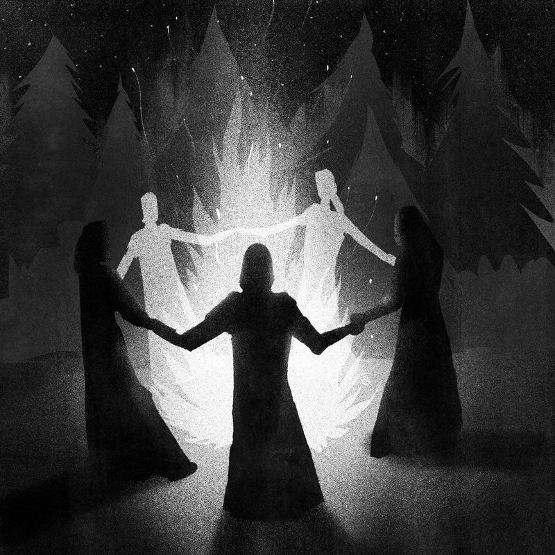 Robed figures holding hands around a blazing light in a forest