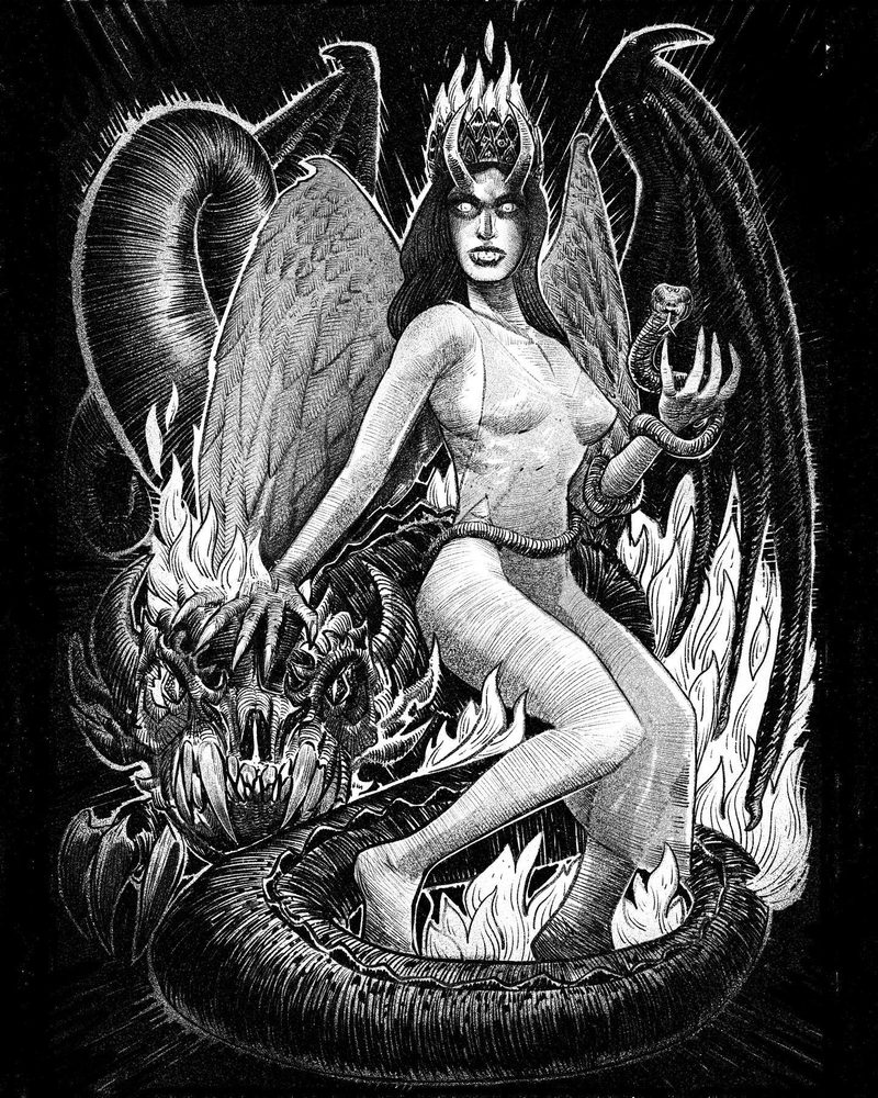 Crowned winged woman rising from flames above a coiled serpent and a demon skull