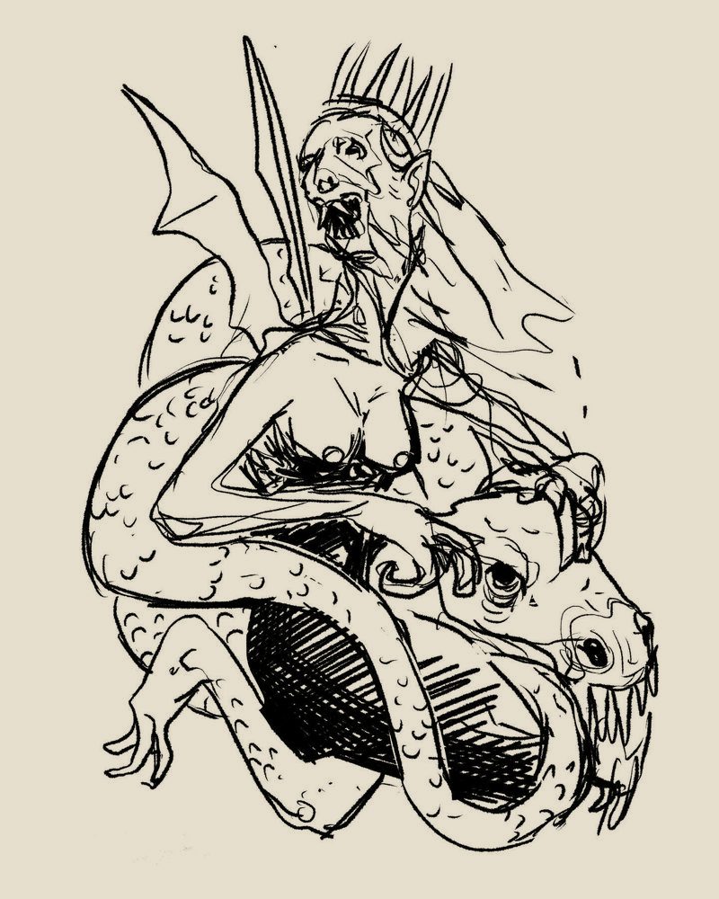 Line sketch of a crowned winged figure upon a coiled serpent
