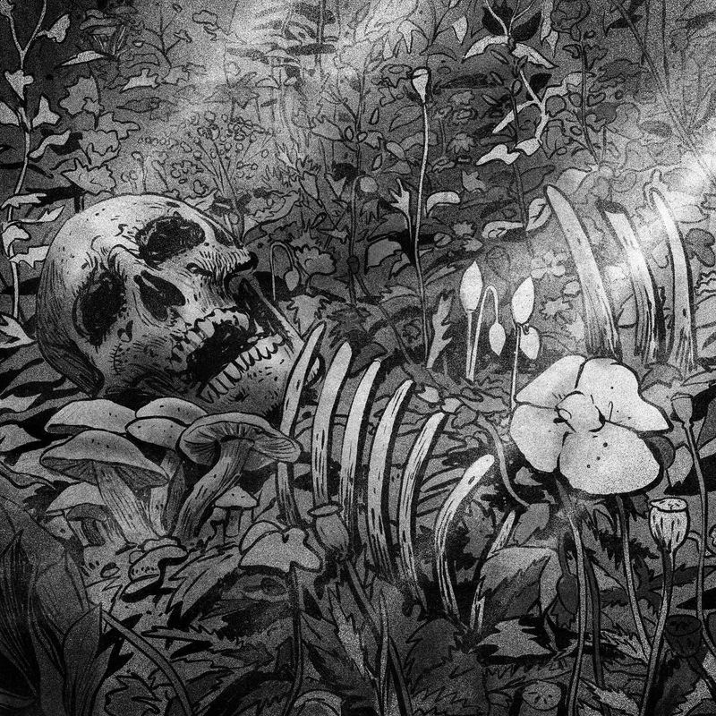 Skull and ribcage overgrown with flowers and leaves