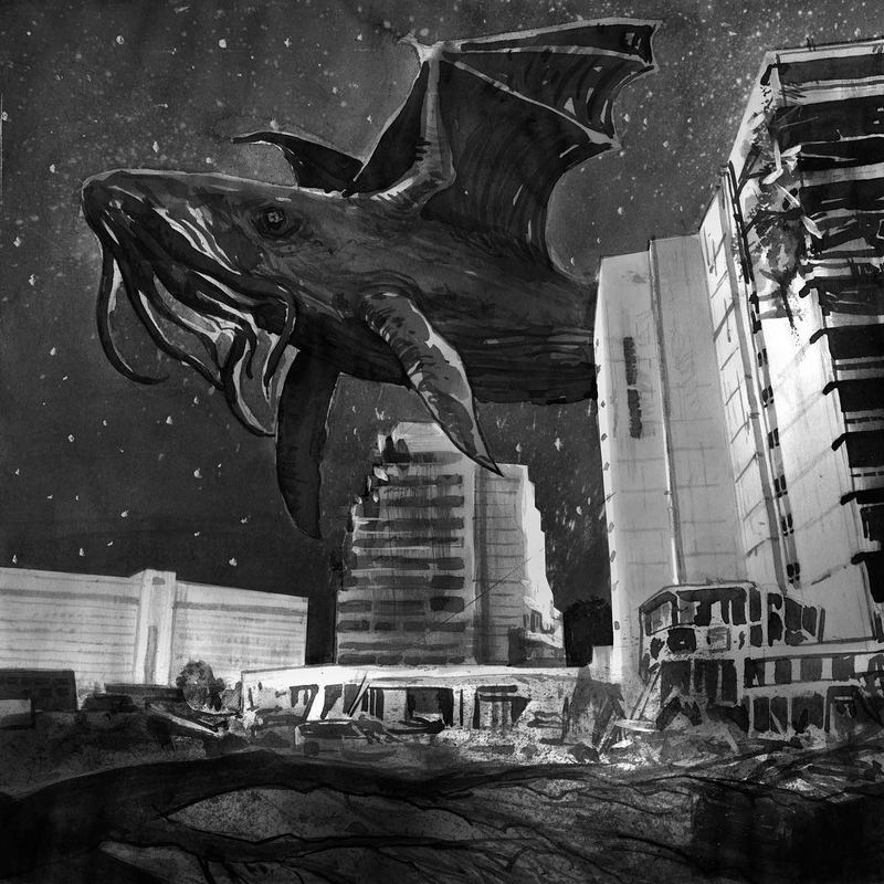Winged whale flying over a broken city