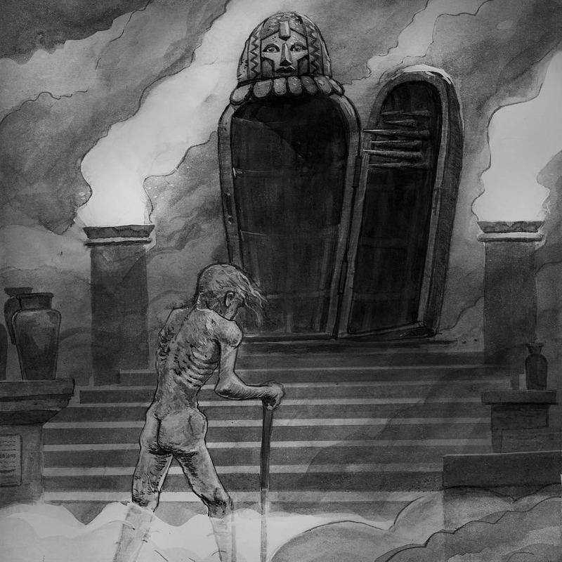 Figure on temple steps before a great stone door