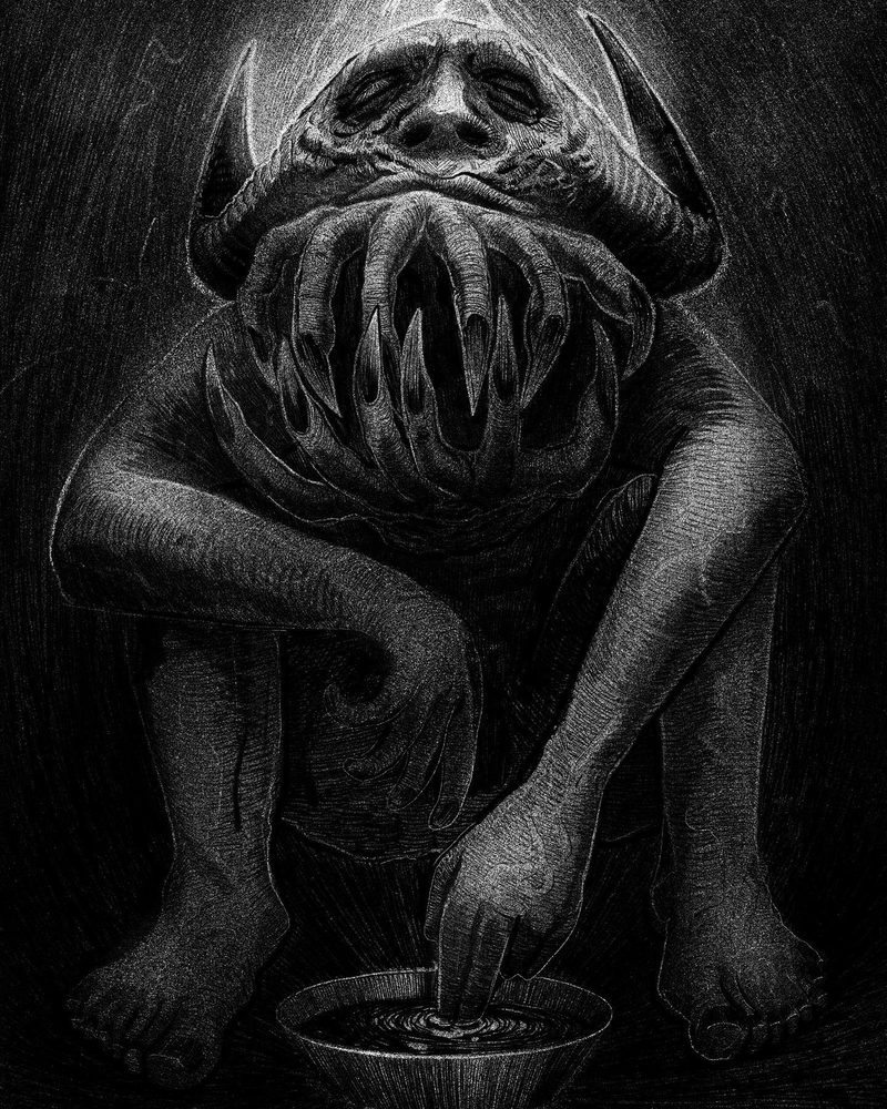 Crouching creature with a gaping toothed maw reaching into a bowl