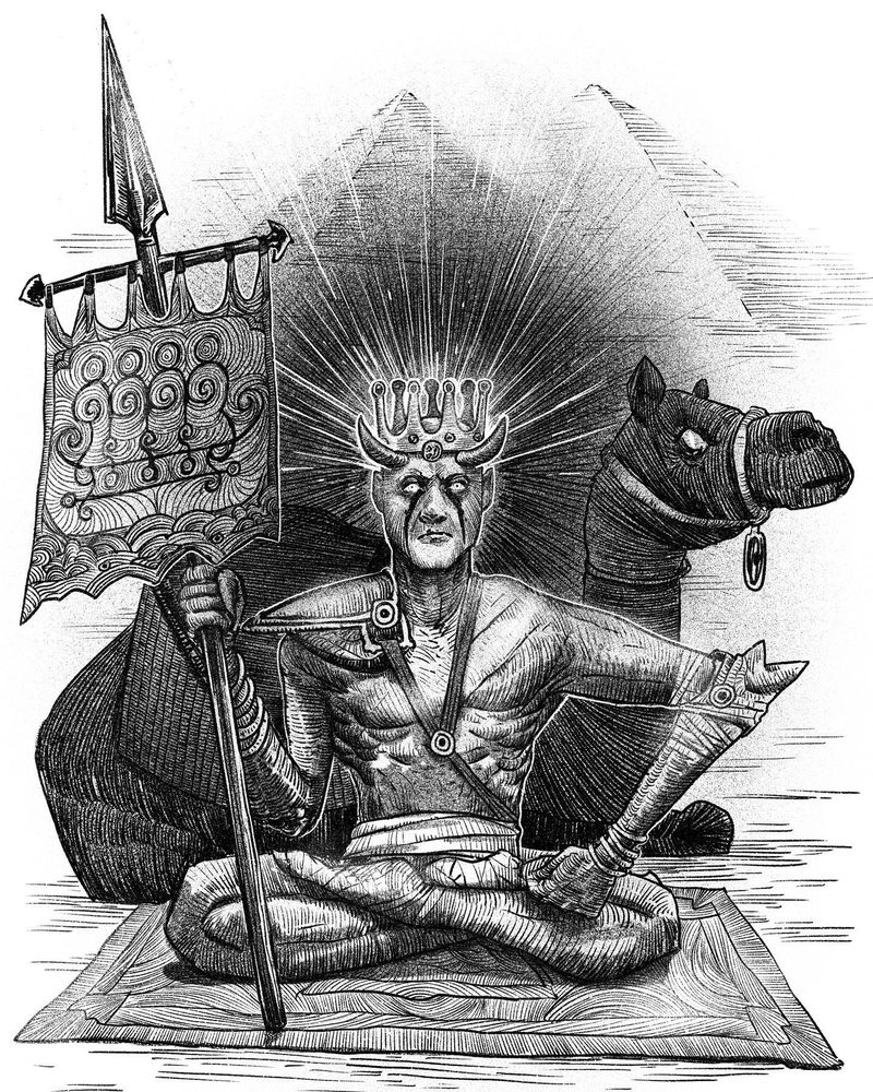 Crowned ascetic seated on a rug with a spear and banner, a camel and pyramid behind