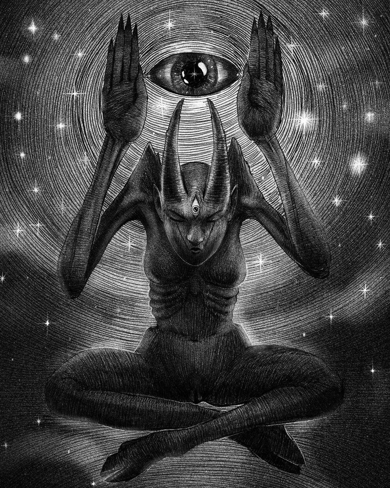 Horned figure seated cross-legged beneath a great eye held between two hands, surrounded by stars