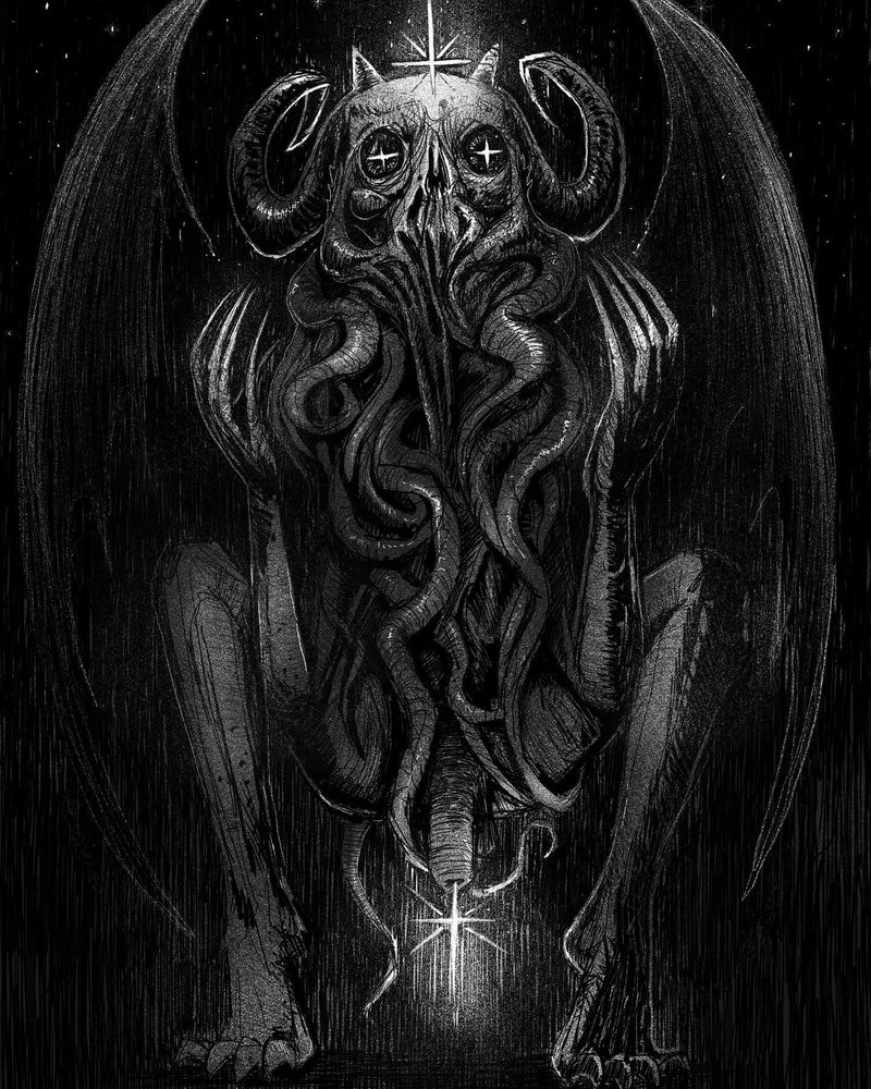 Tentacled, horned entity with wings, glowing star at its base