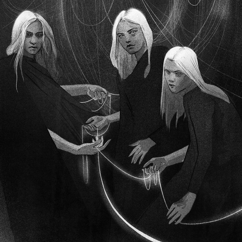 Three pale-haired women weaving threads of light