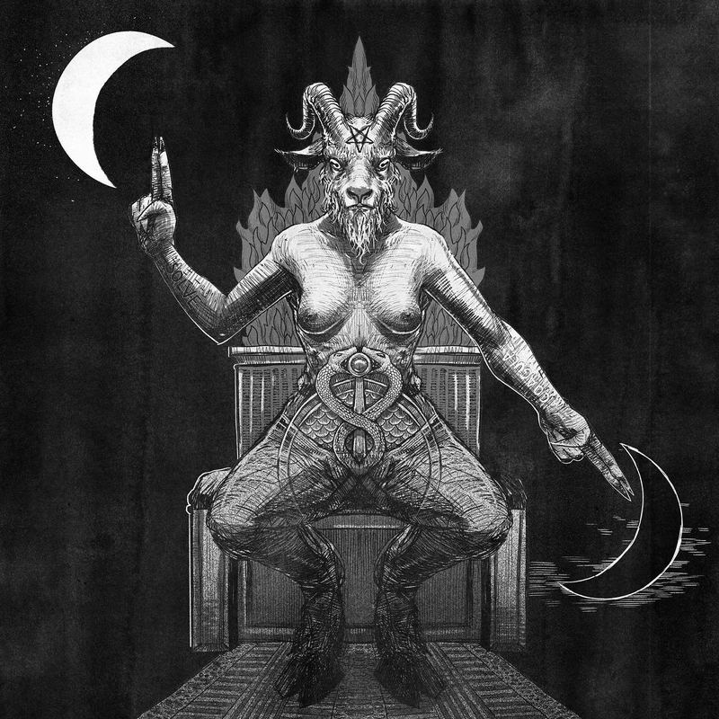 Goat-headed deity enthroned beneath a crescent moon