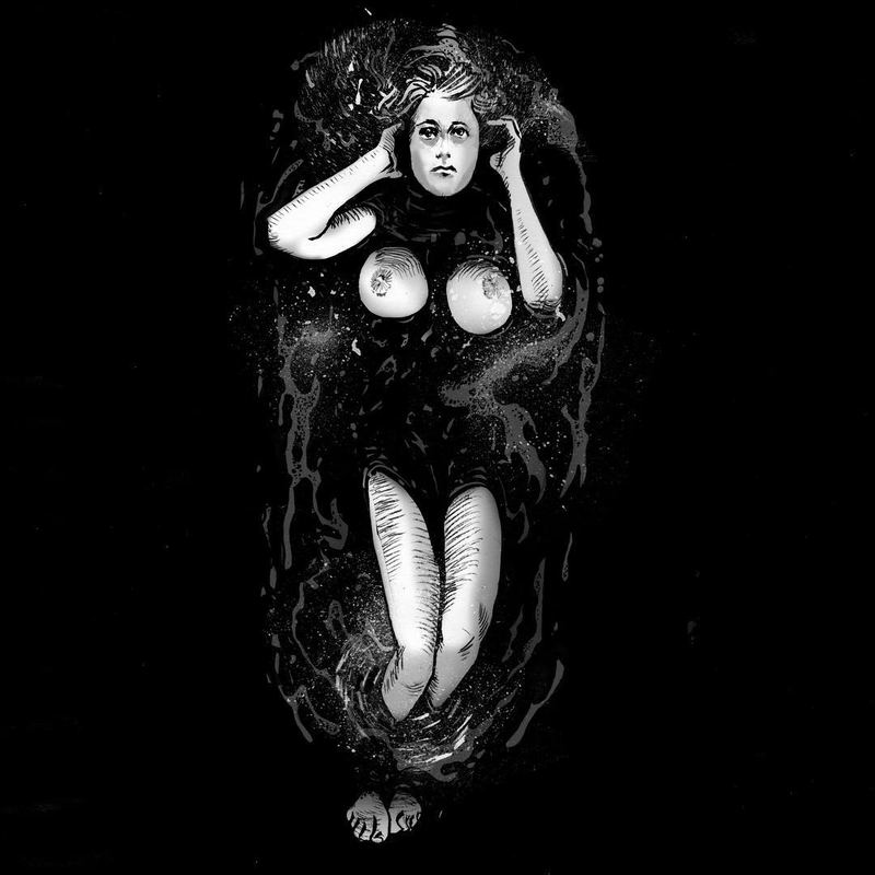 Pale woman floating in a black void