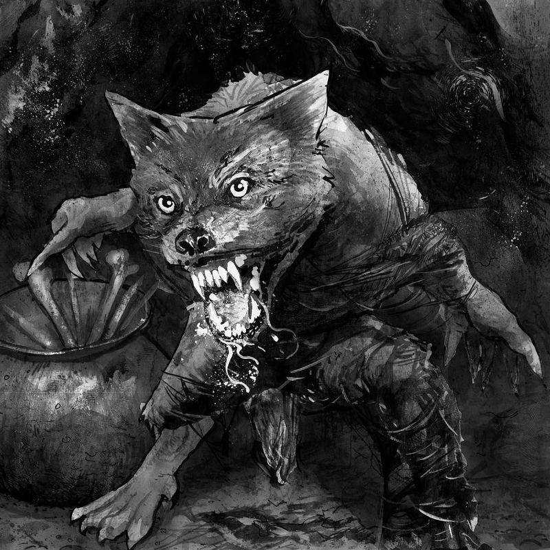 Snarling wolf-man crouching in darkness