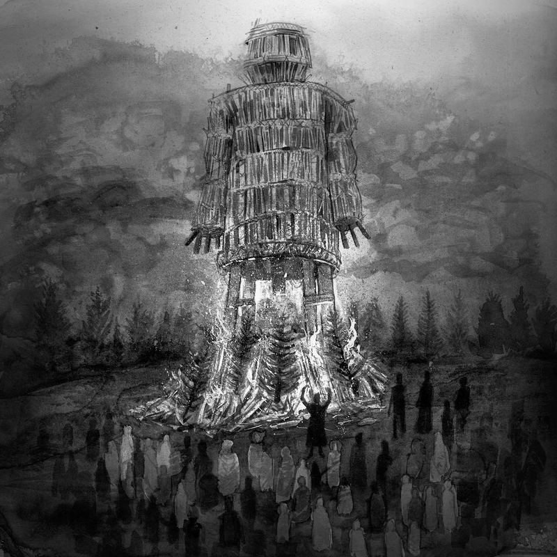 Towering wicker figure before a crowd in the mist